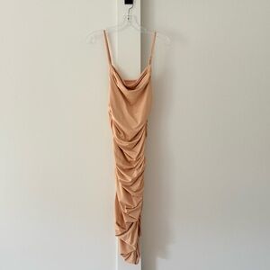 Nude Tan Ruched Midi Dress